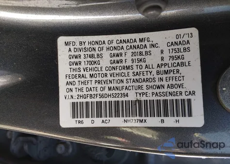 2013 Honda Civic Lx z USA, uszkodzony, nr VIN 2HGFB2F56DH522394